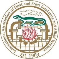 Logo of the International Association of Heat and Frost Insulators and Allied Workers. It's a salamander over a fire, and insulating some pipes.