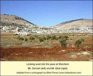 Shechem between Mt. Gerizim (left) and Mt. Ebal (right)