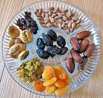 Important symbols of Tu B'Shevat include different types of dried fruit arranged on a platter, flowering almond trees and the "seven species". These are:
Barley.
Dates.
Figs.
Grapes.
Olives.
Pomegranates.
Wheat.