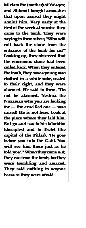 Text Box: Miriam the (mother) of Ya�aqov, and Shlomit bought aromatics that upon arrival they might anoint him. Very early at the first of the week at sunrise they came to the tomb. They were saying to themselves, "Who will roll back the stone from the entrance of the tomb for us?" Looking up, they observed that the enormous stone had been rolled back. When they entered the tomb, they saw a young man clothed in a white robe, seated to their right, and they were alarmed. He said to them, "Do not be alarmed. Yeshua the Nazarean who you are looking for � the crucified one � was raised! He is not here. Look at the place where they laid him. But go and say to his talmidim (disciples) and to Tsefet (the capital of the Pillar), 'He goes before you into the Galil. You will see him there just as he told you'." When they came out, they ran from the tomb, for they were trembling and amazed. They said nothing to anyone because they were afraid.